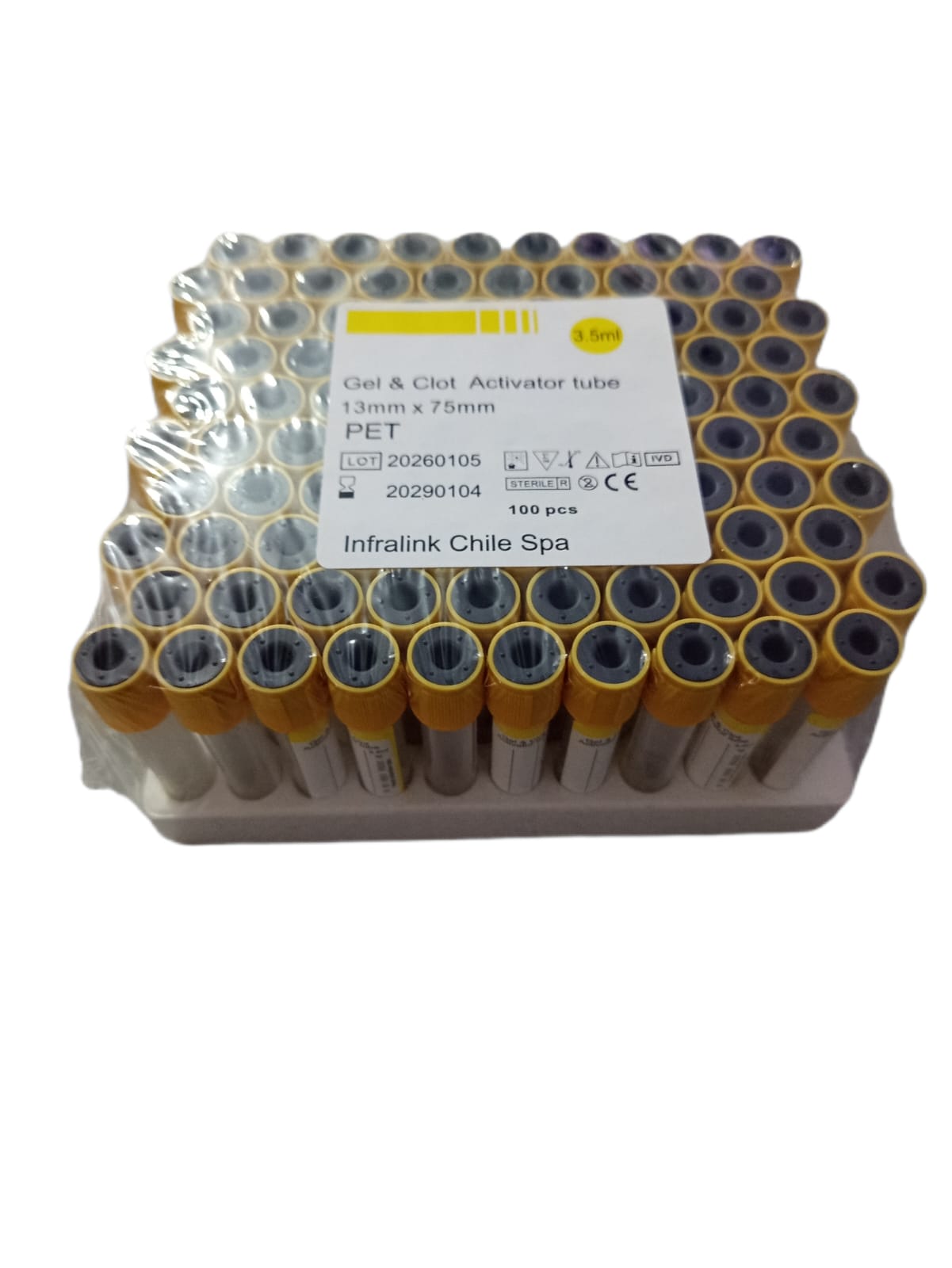 Tubo de Extracción de Sangre Tapa Amarilla de 3,5 ml al Vacío Rack x 100 Unidades