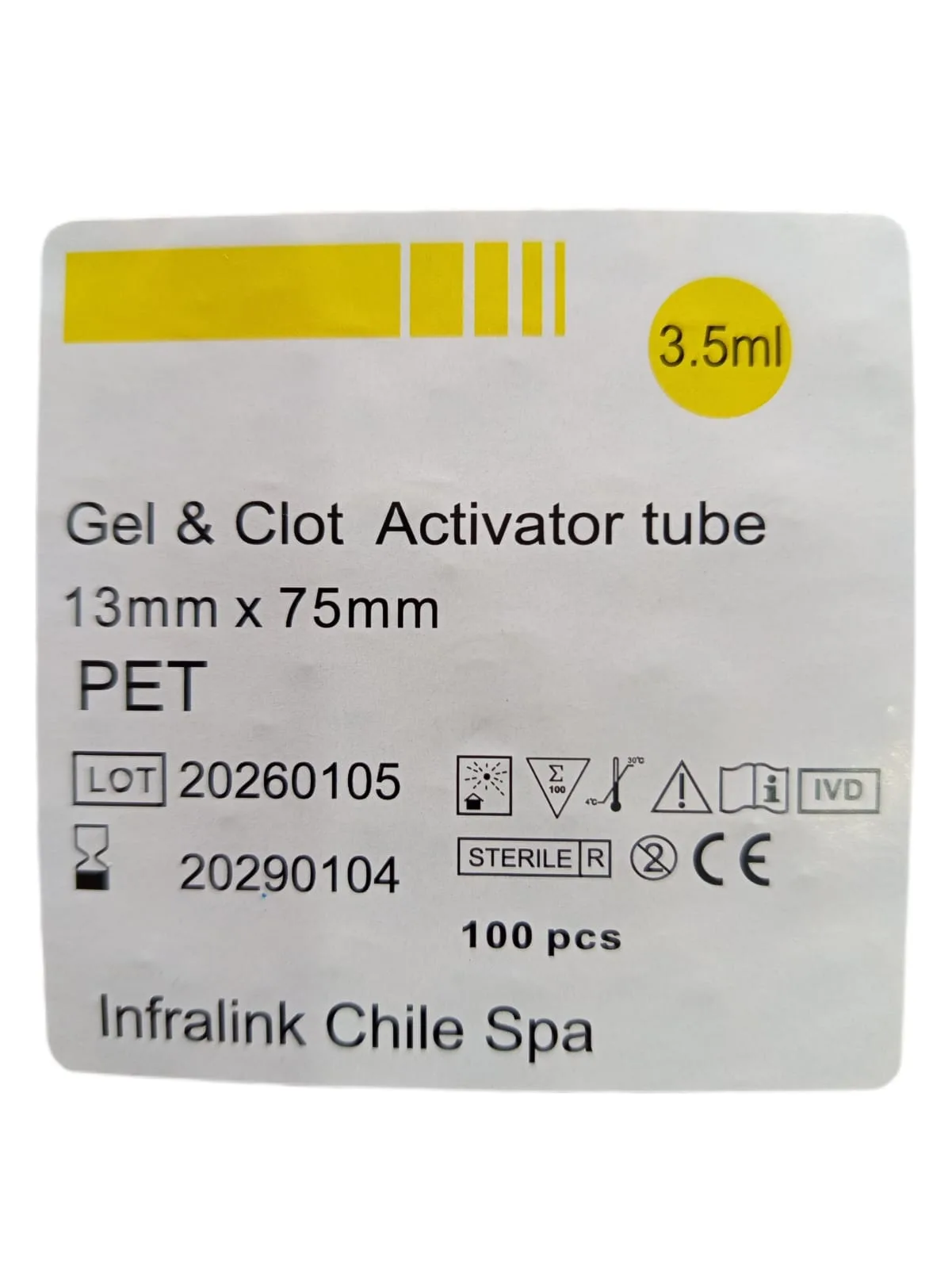 Tubo Tapa Amarilla al Vacío 3,5 ml con Gel Separador Rack x 100 Unidades