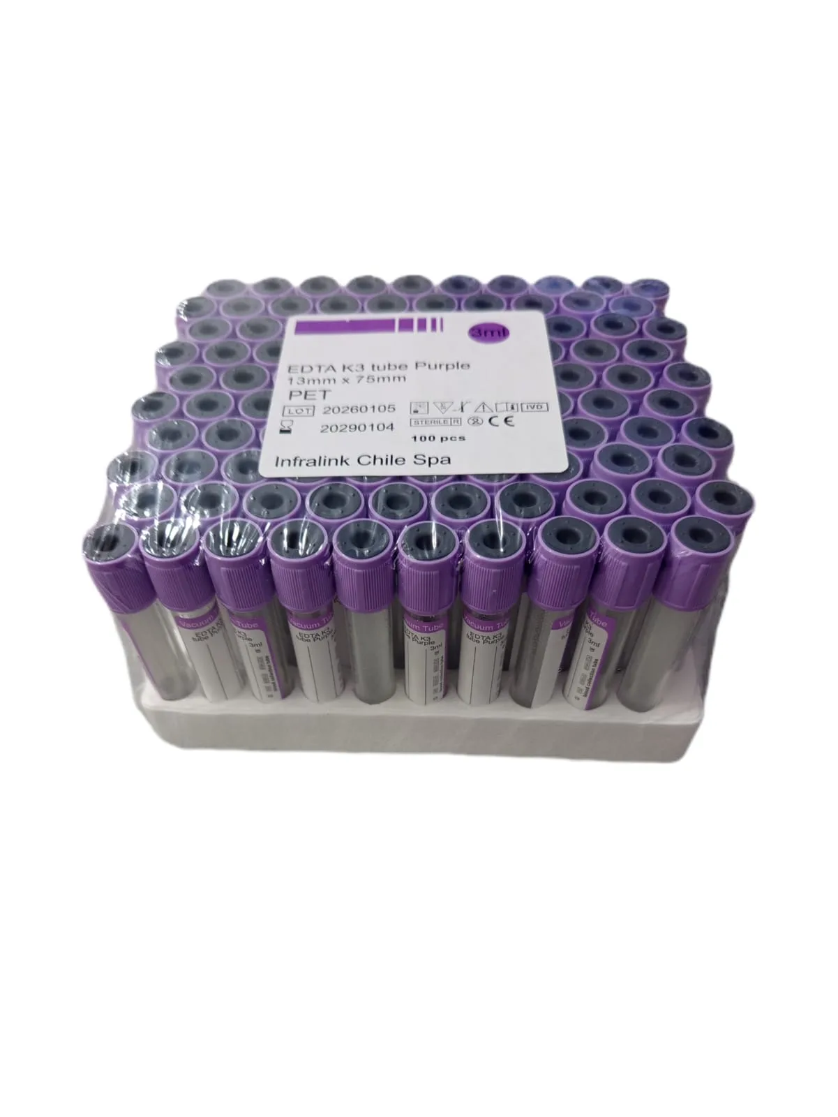 Tubo Tapa Lila al Vacío 3 ml con EDTA K3  Rack x 100 Unidades