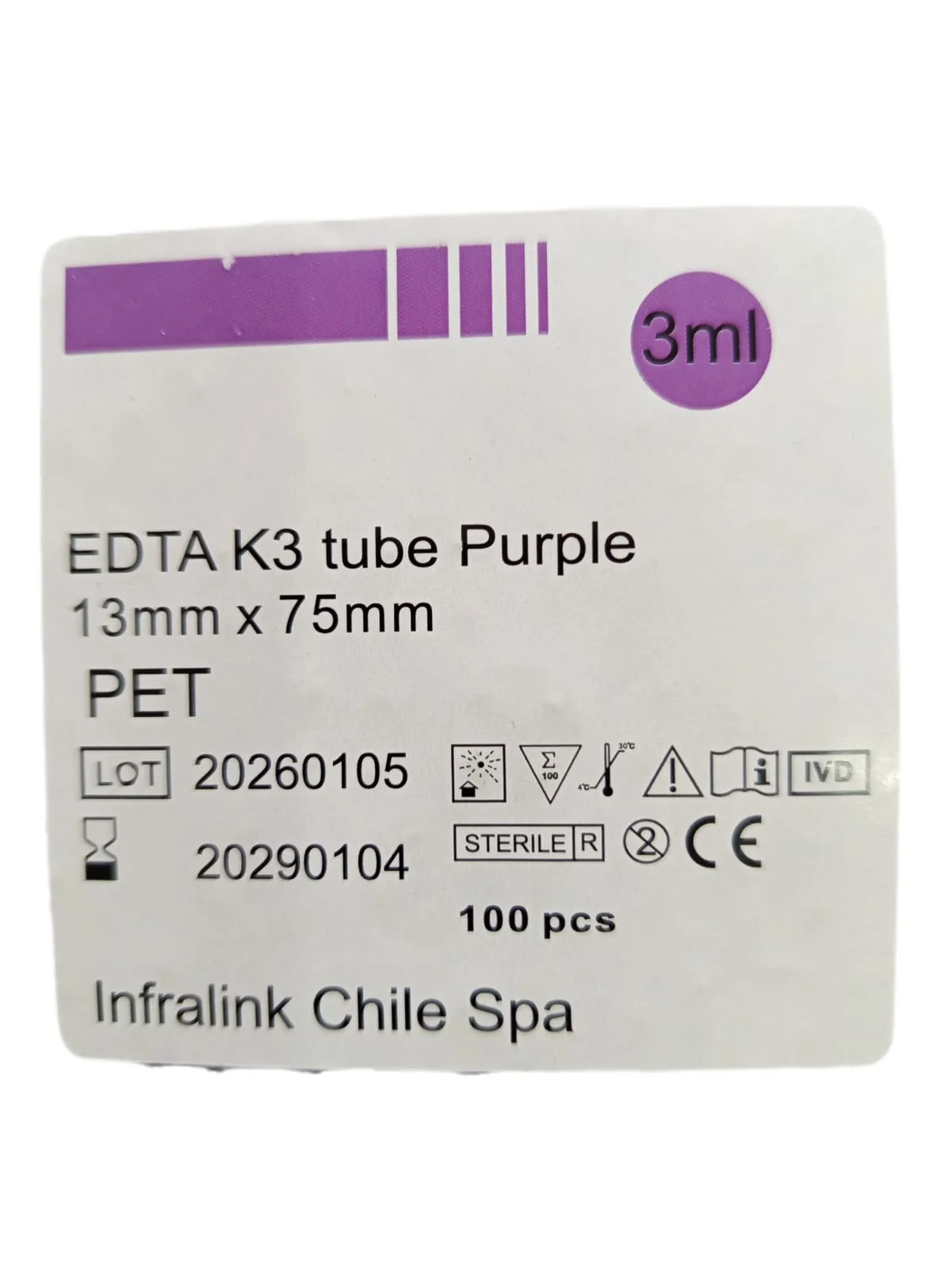 Tubo Tapa Lila al Vacío 3 ml con EDTA K3  Rack x 100 Unidades