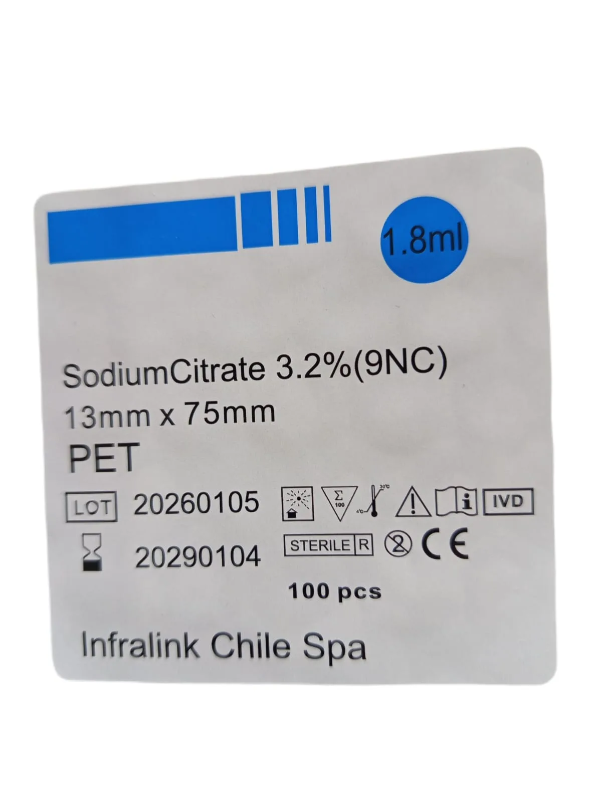 Tubo Tapa Celeste al Vacío de 1,8 ml Citrato de Sodio al 3,2% Rack x 100 Unidades