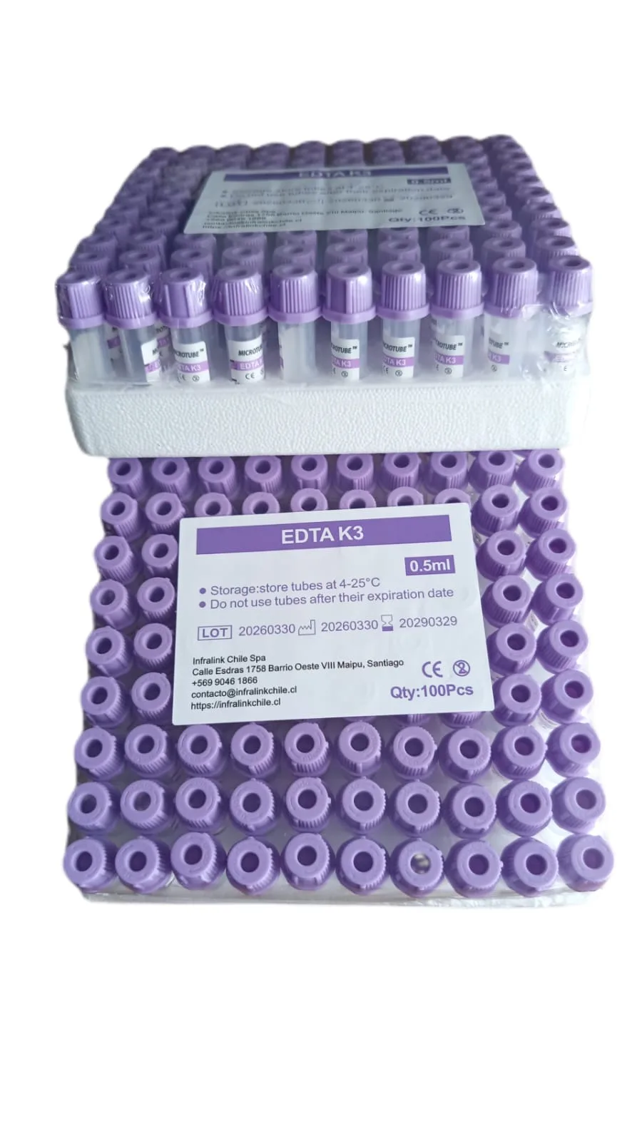 Microtubo Tapa Lila con EDTA K3 de 0,5 ml Rack x 100 Unidades