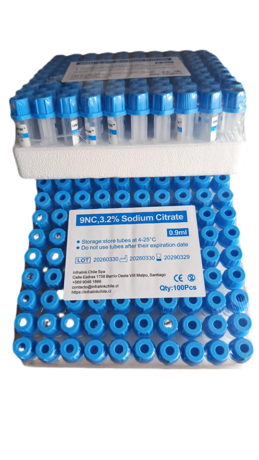 Microtubo Tapa Celeste 0,9 mL con Citrato de Sodio 3,2% Rack x 100 Unidades
