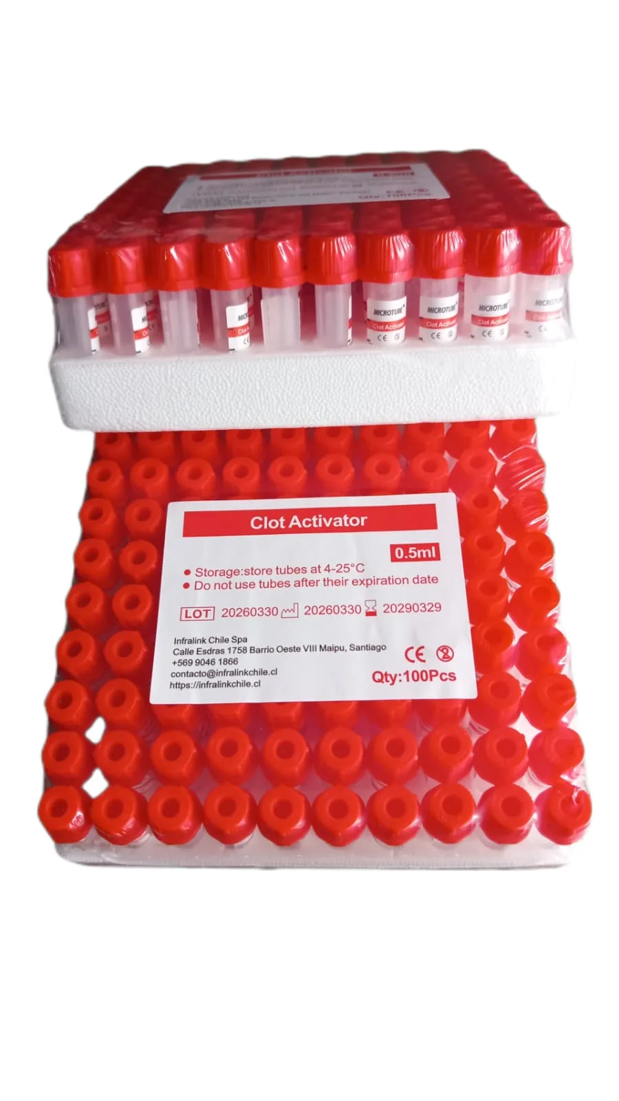 Microtubo Tapa Roja 0,5 ml con Clot Activador Rack x 100 Unidades
