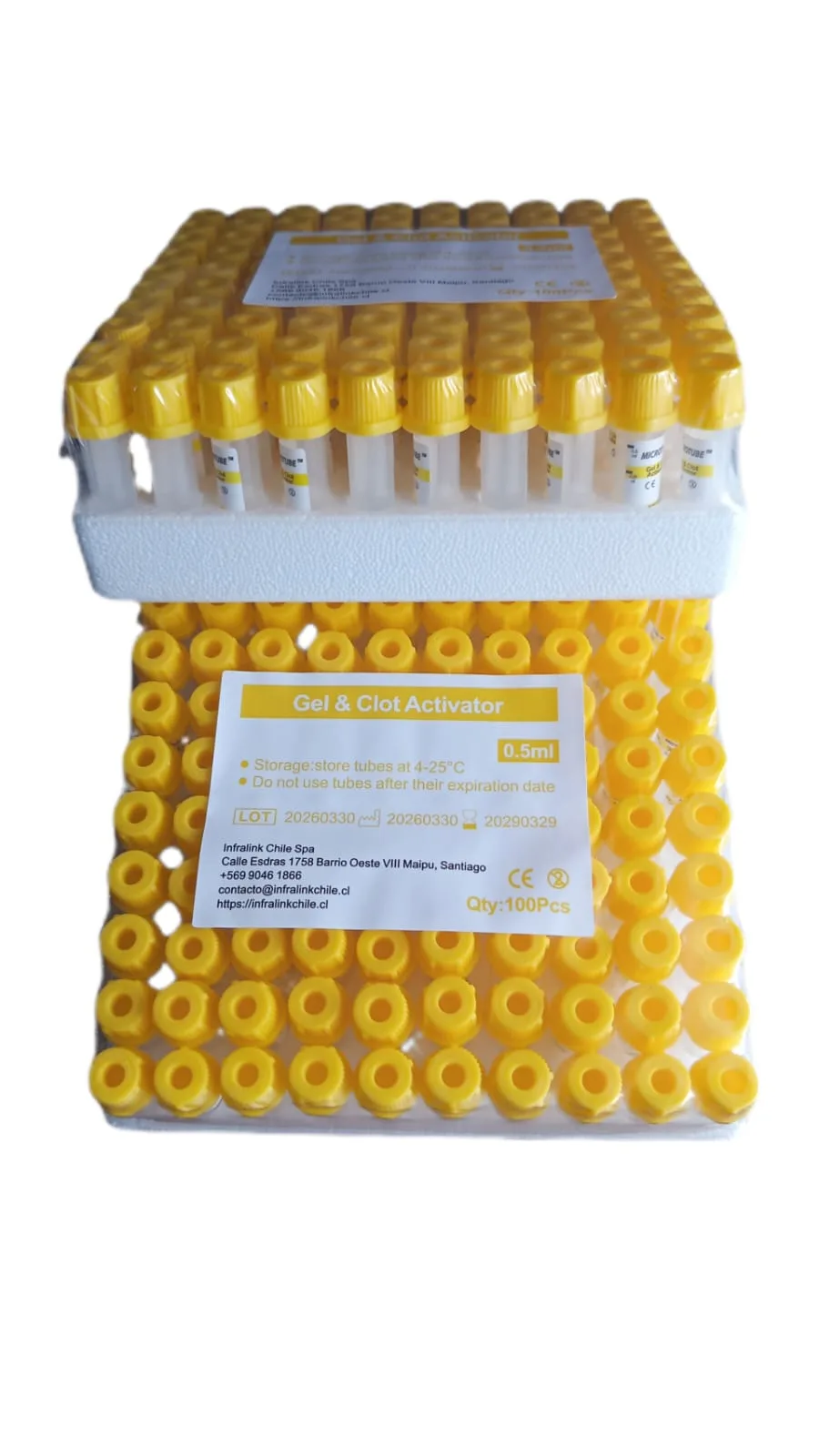 Microtubo Tapa Amarilla 0,5 mL con Gel Separador y Activador de Coágulo Rack x 100 Unidades