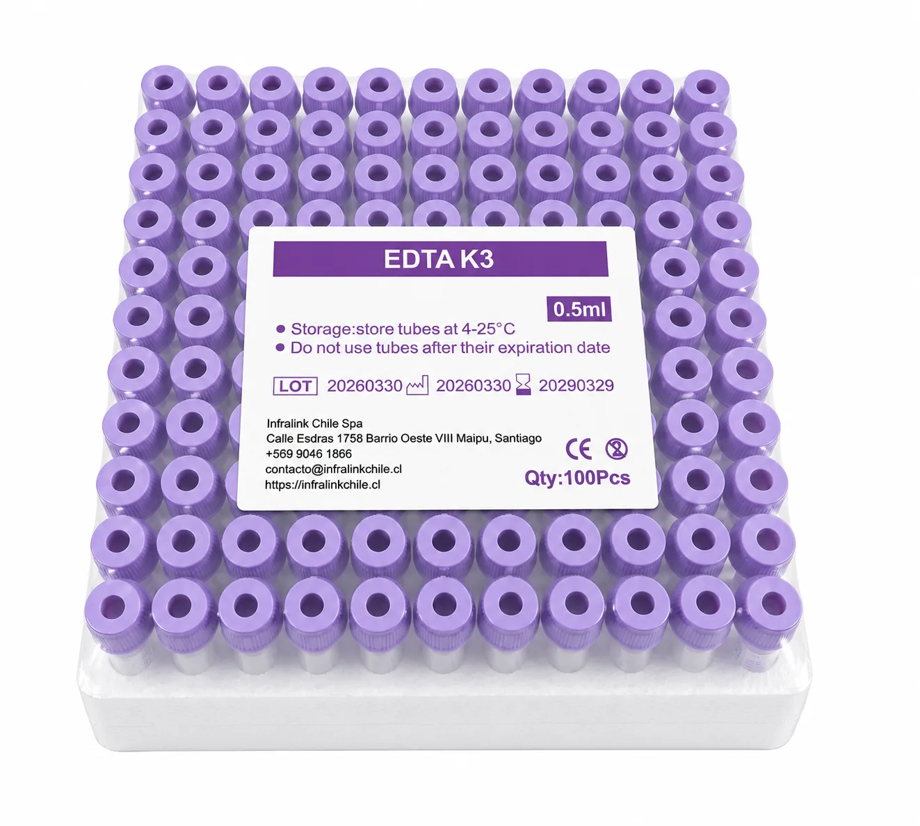 Microtubo Tapa Lila con EDTA K3 de 0,5 ml Rack x 100 Unidades