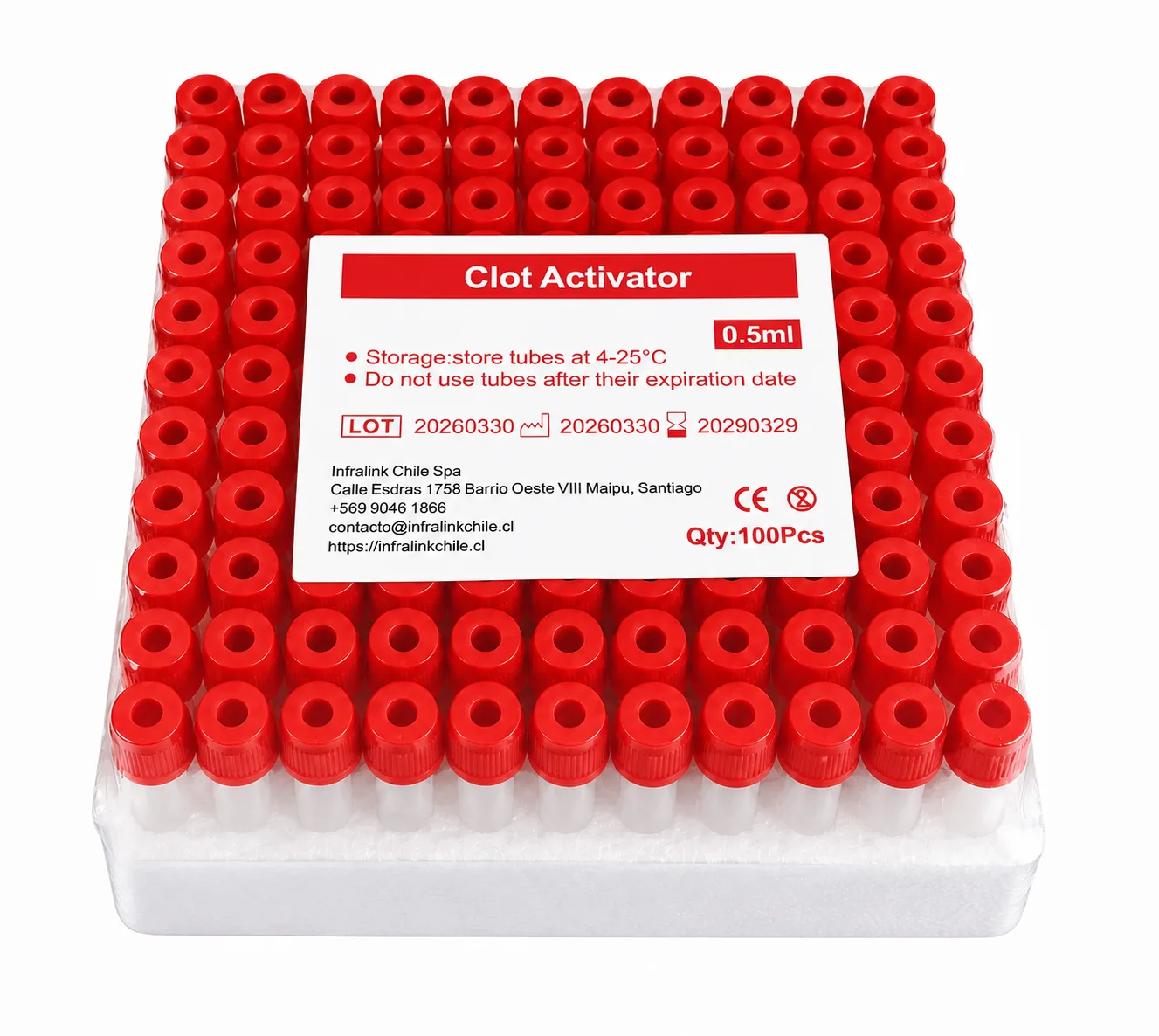Microtubo Tapa Roja 0,5 ml con Clot Activador Rack x 100 Unidades