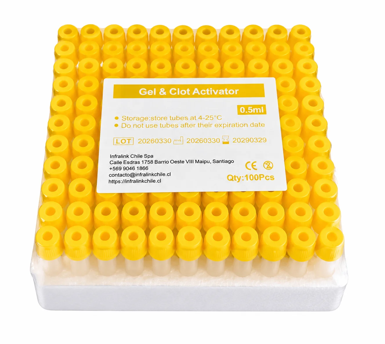 Microtubo Tapa Amarilla 0,5 mL con Gel Separador y Activador de Coágulo Rack x 100 Unidades