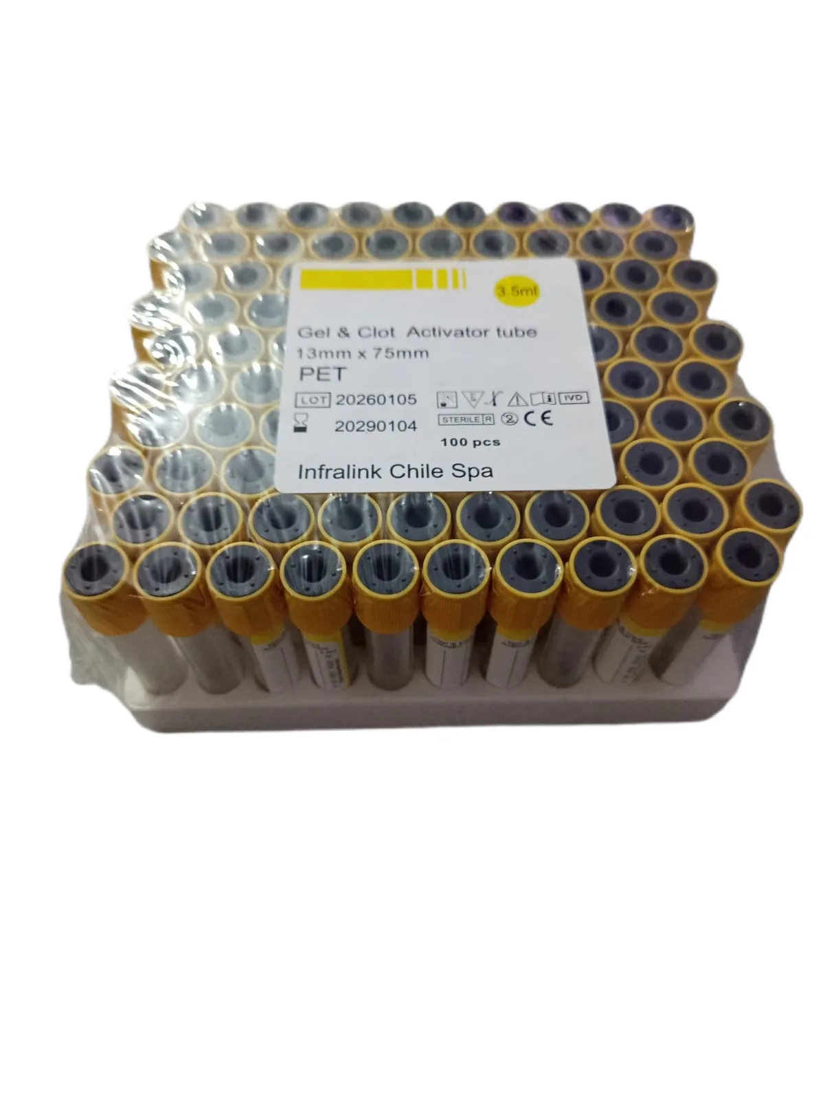 Tubo Tapa Amarilla al Vacío 3,5 ml con Gel Separador Rack x 100 Unidades