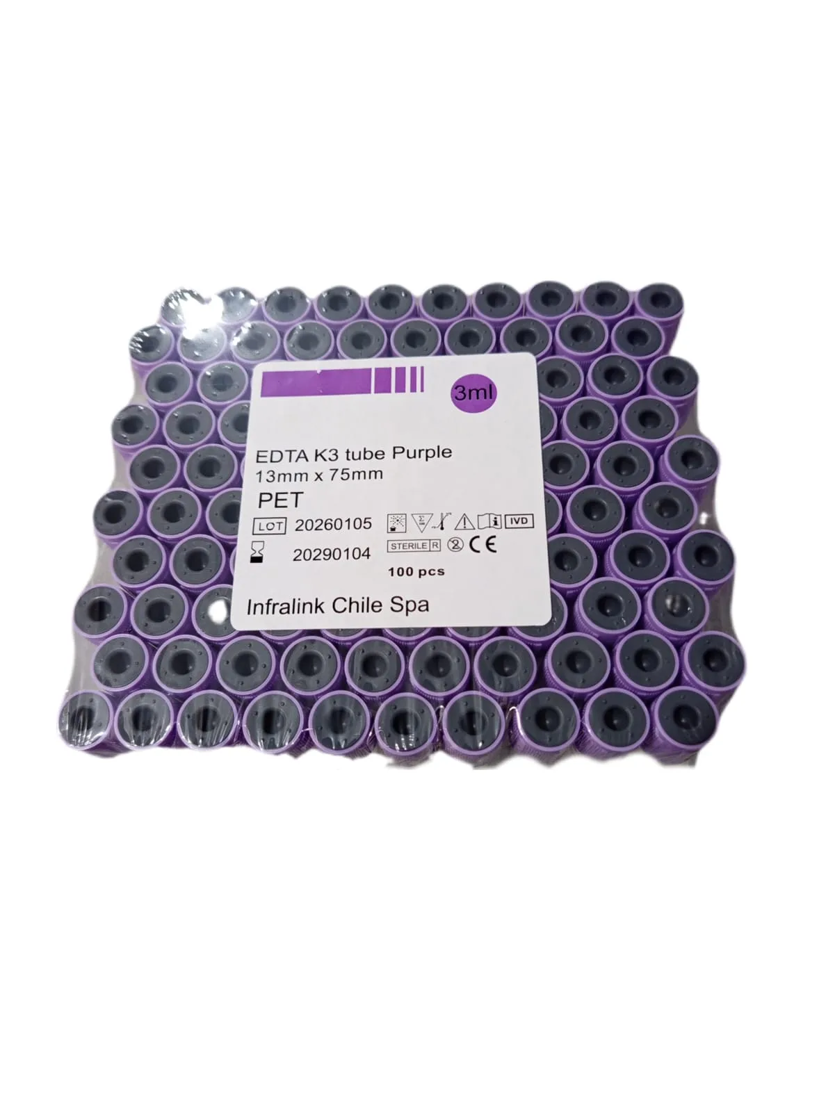 Tubo Tapa Lila al Vacío 3 ml con EDTA K3  Rack x 100 Unidades