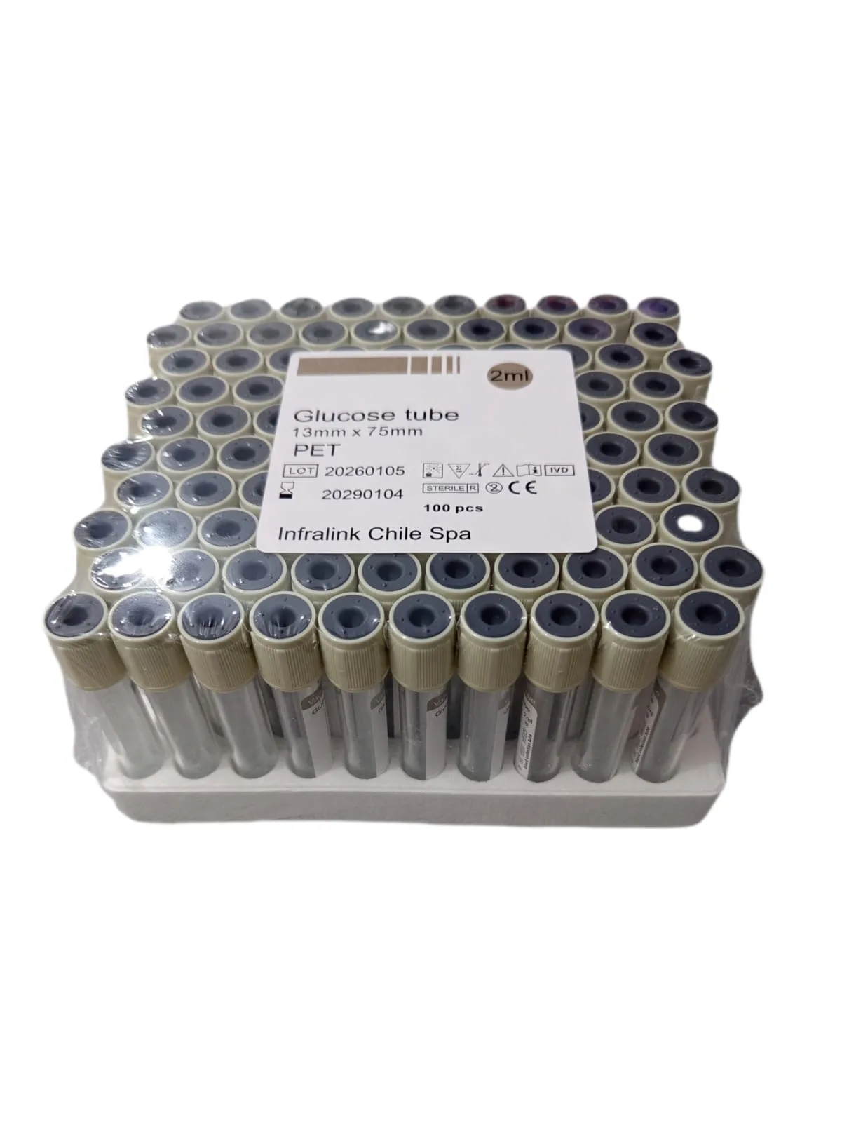 Tubo Tapa Gris al Vacío 2 ml  con Fluoruro de Sodio y Oxalato de Potasio Rack x 100 Unidades