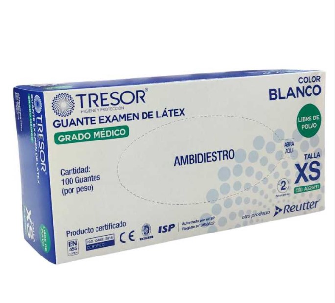 Guante Examen de Látex XS S/ Polvo TRESOR Caja x 100 Unidades