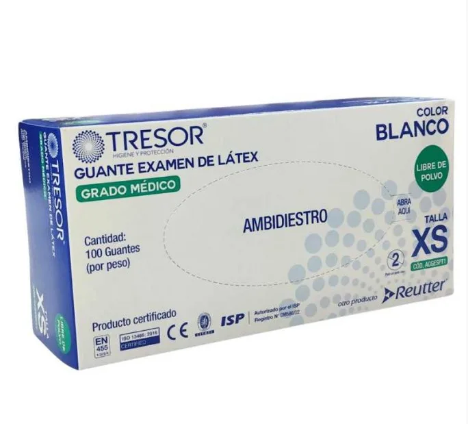 Guante Examen de Látex XS S/ Polvo TRESOR Caja x 100 Unidades
