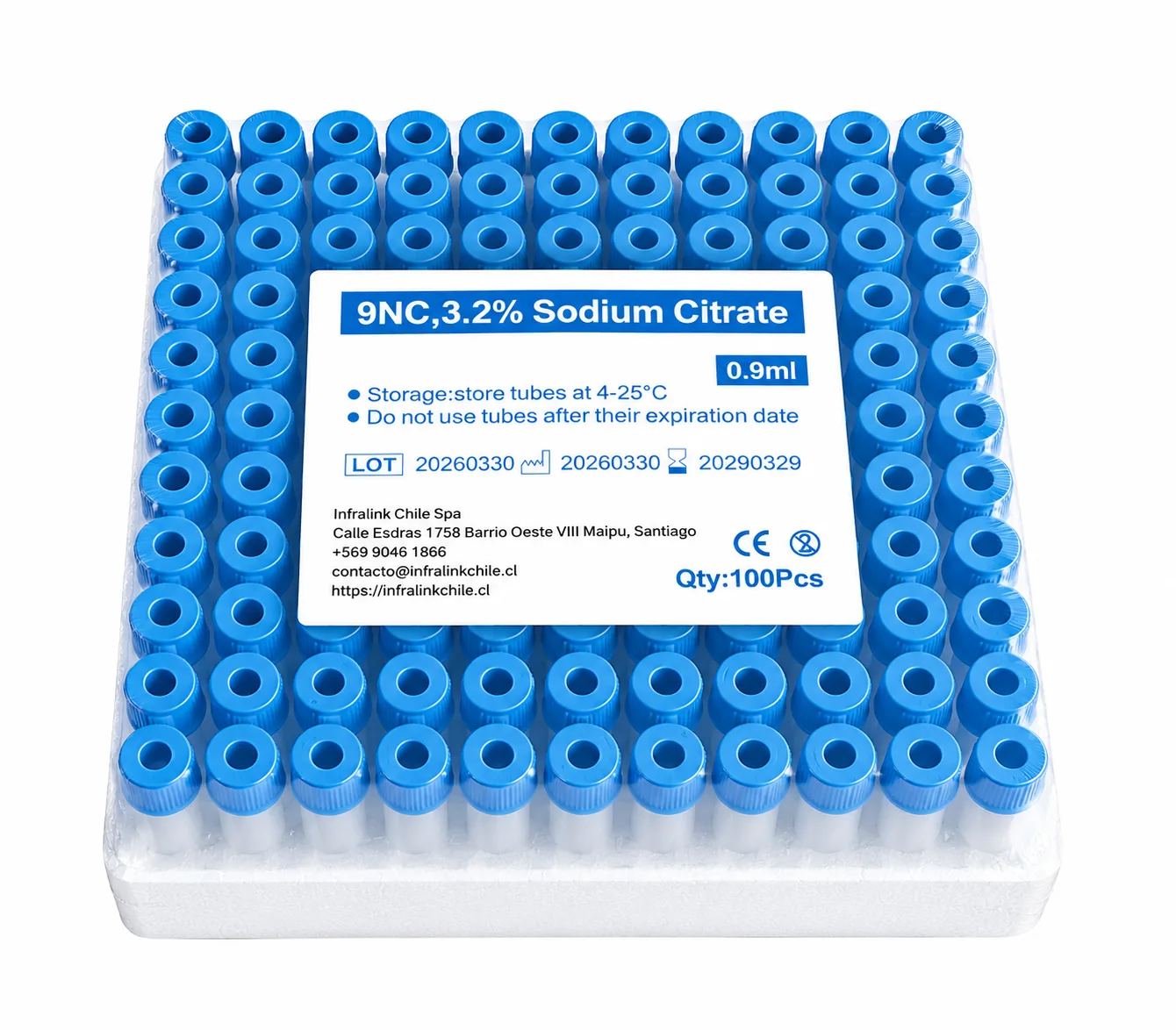 Microtubo Tapa Celeste 0,9 mL con Citrato de Sodio 3,2% Rack x 100 Unidades