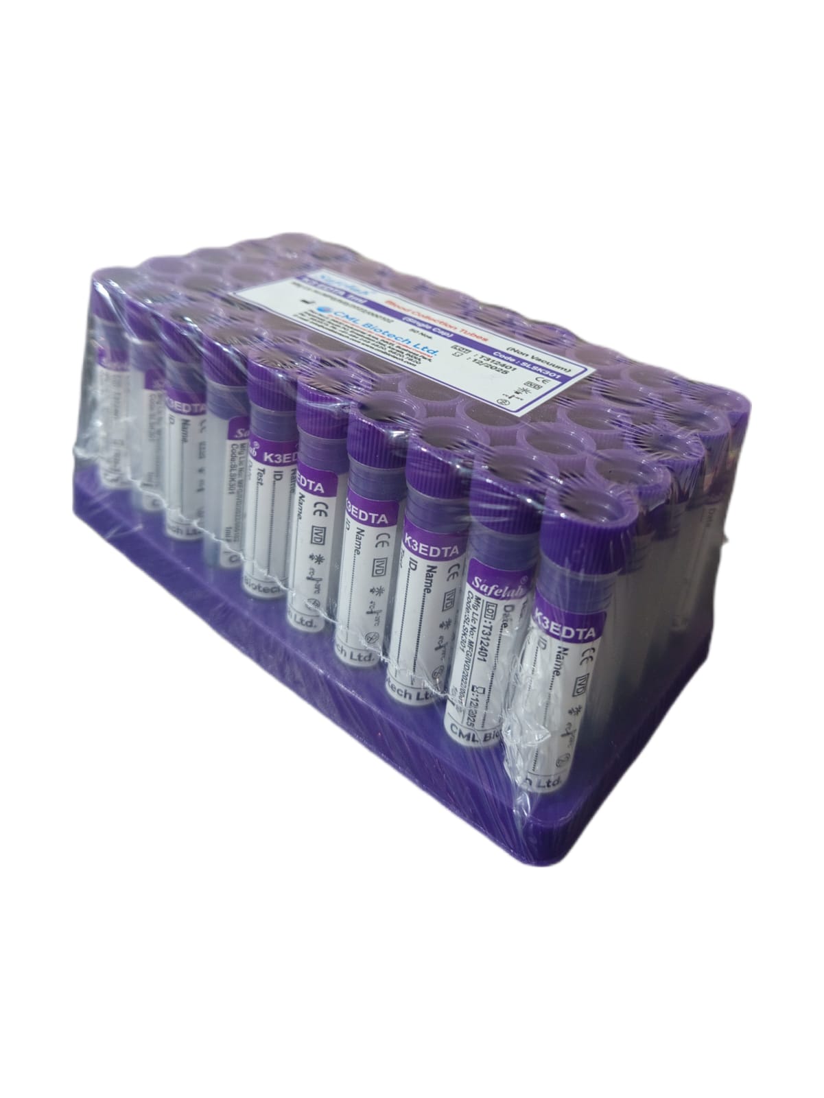 Tubo de Extracción de Sangre Tapa Lila Edta K3 de 1 ml al Vacío Rack x 50 Unidades