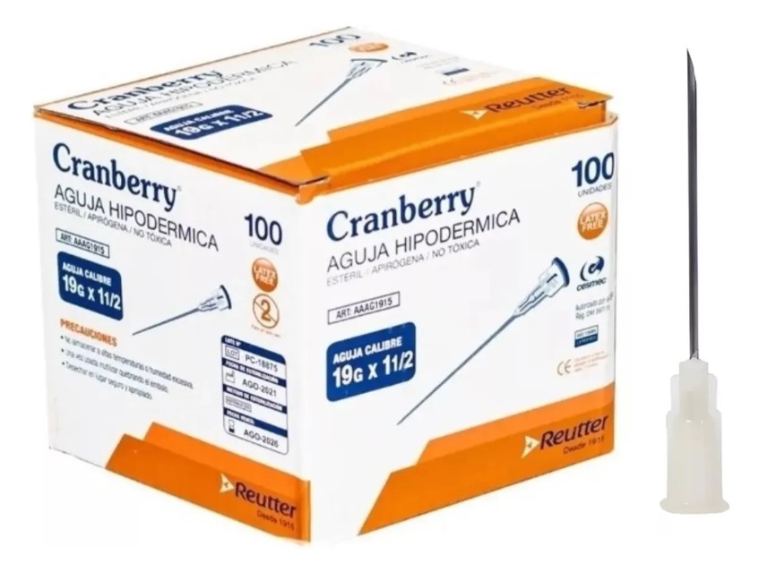 Aguja hipodérmica 19G x 1 1/2, 100 Caja x 100 Unidades
