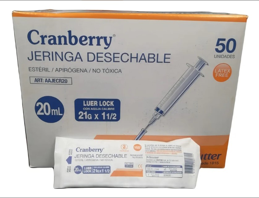 Jeringa 20 cc con Aguja 21Gx 1 1/2", Luer Lock Caja x 100 Unidades